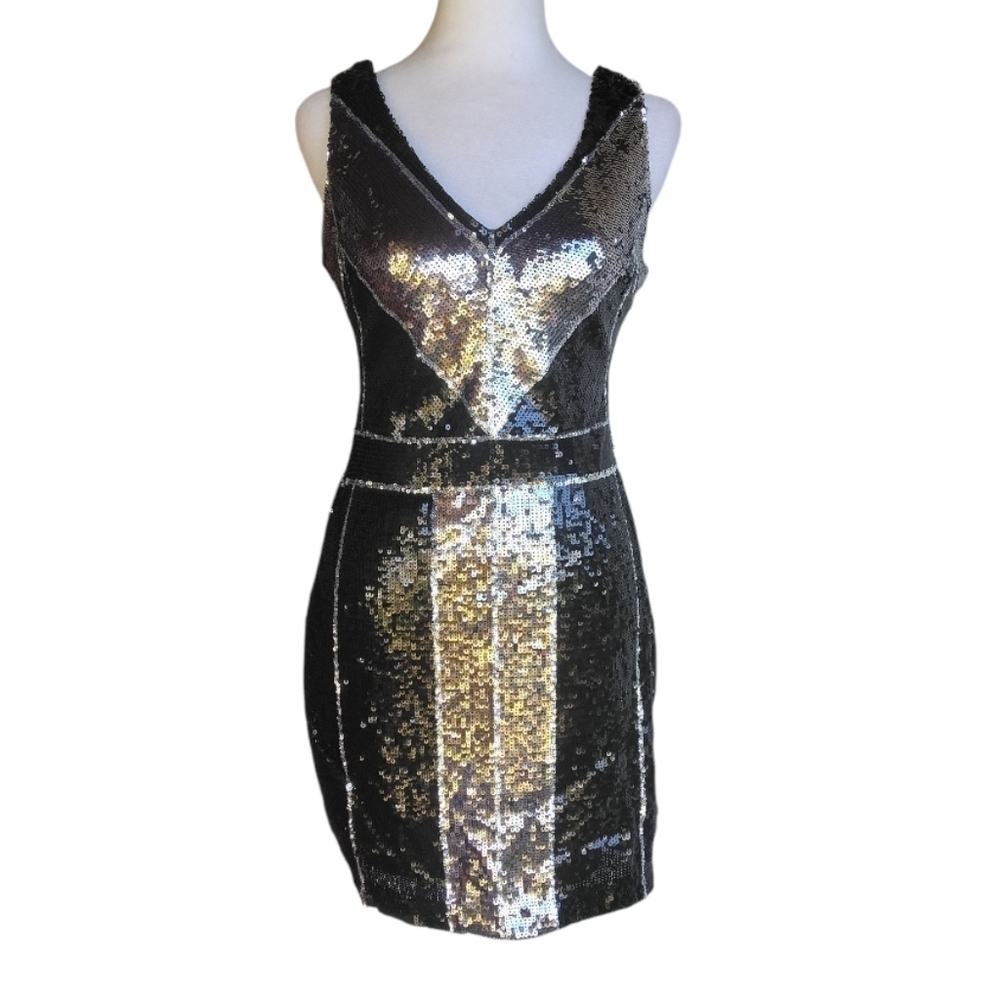 Vintage B. Darlin Black & Silver Full Sequin Back Zip Midi Bodycon Dress Sz 3/4